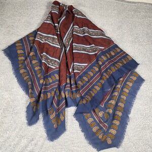 Blue and Rust Printed Women's Scarf with Gold Motif